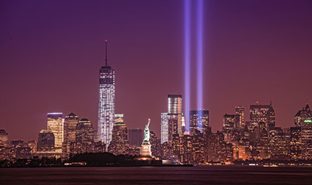 A plane flying into the 2nd World Trade Center as Islamic terrorists attack Ground Zero in NY on September 11th. 